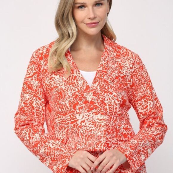 FATE Red Orange Linen Cotton Floral Print Cropped V Neck Spring Blazer NEW - Picture 1 of 16
